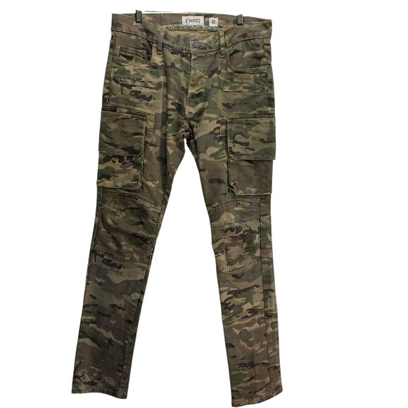 FWRD Denim Jeans Camo Cargo Mens 32/32 Green Tactic Slim Fit Back Patch Pockets - Picture 1 of 9